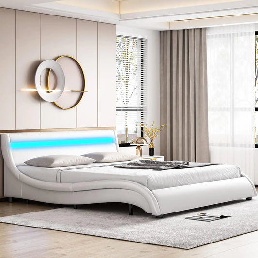 Modern Upholstered Platform Bed Frame with LED Lights White King - Custom and Comfort